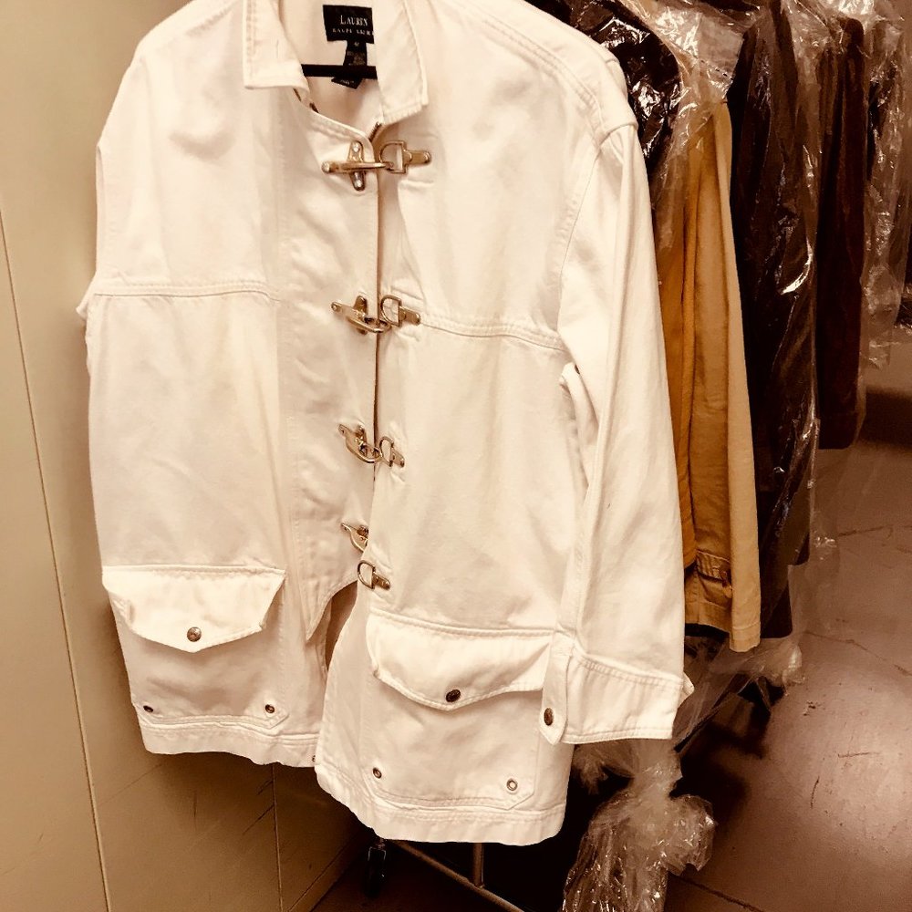 Lauren Ralph Lauren 100% White Cotton Denim Silver Tone Buckle Jacket